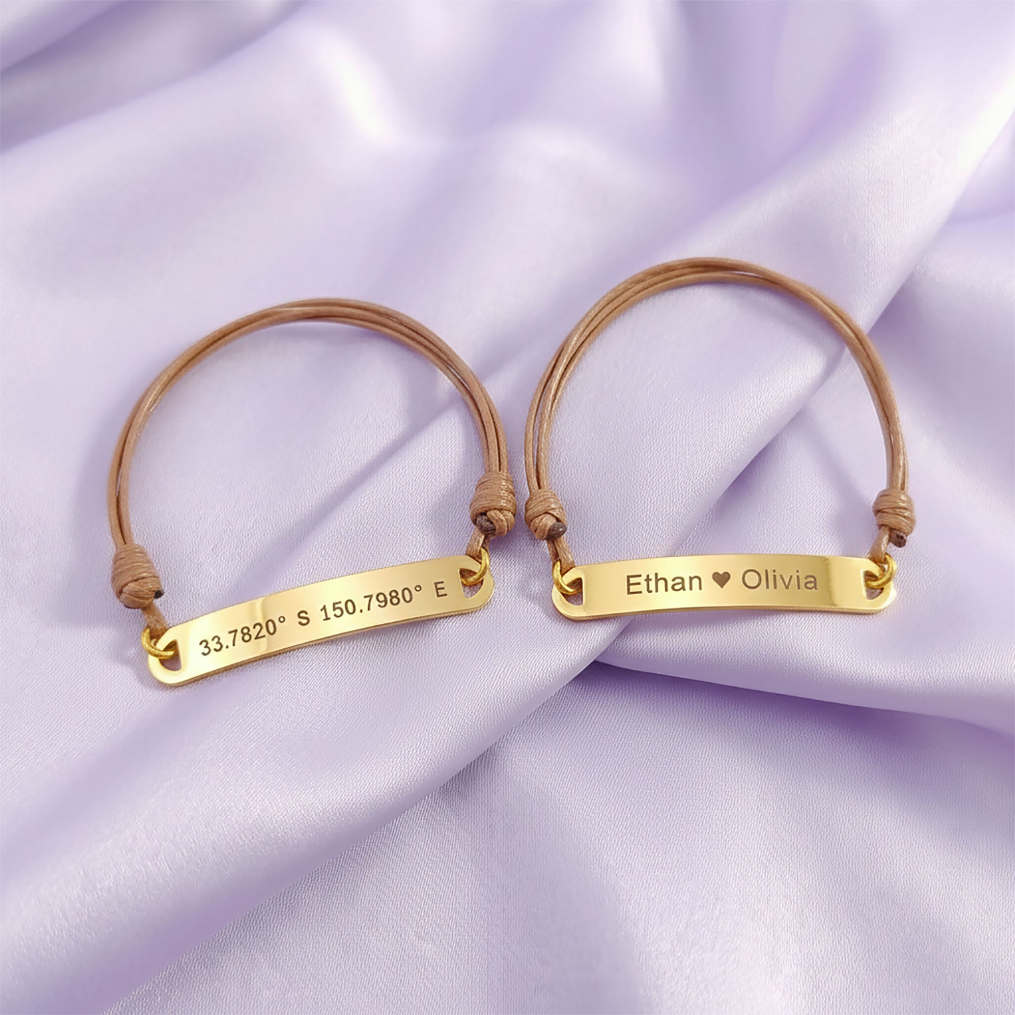Belle Fever matching bar cord bracelet duo in gold tone, custom engraved couple bracelets designed to hold your story together.