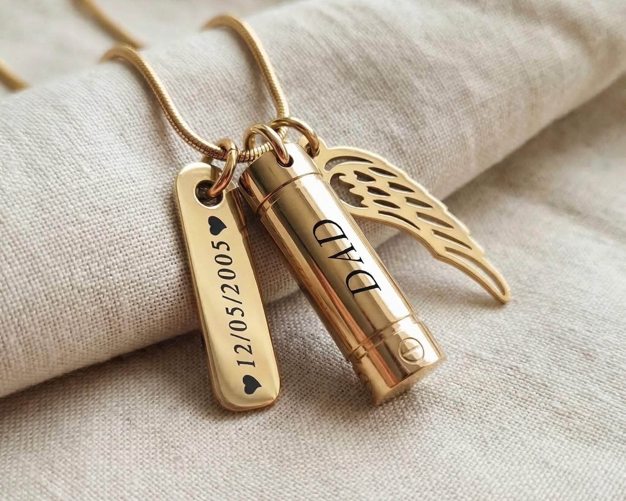 Memory Cremation Necklace in gold with engraved bar pendant, memorial jewellery keepsake