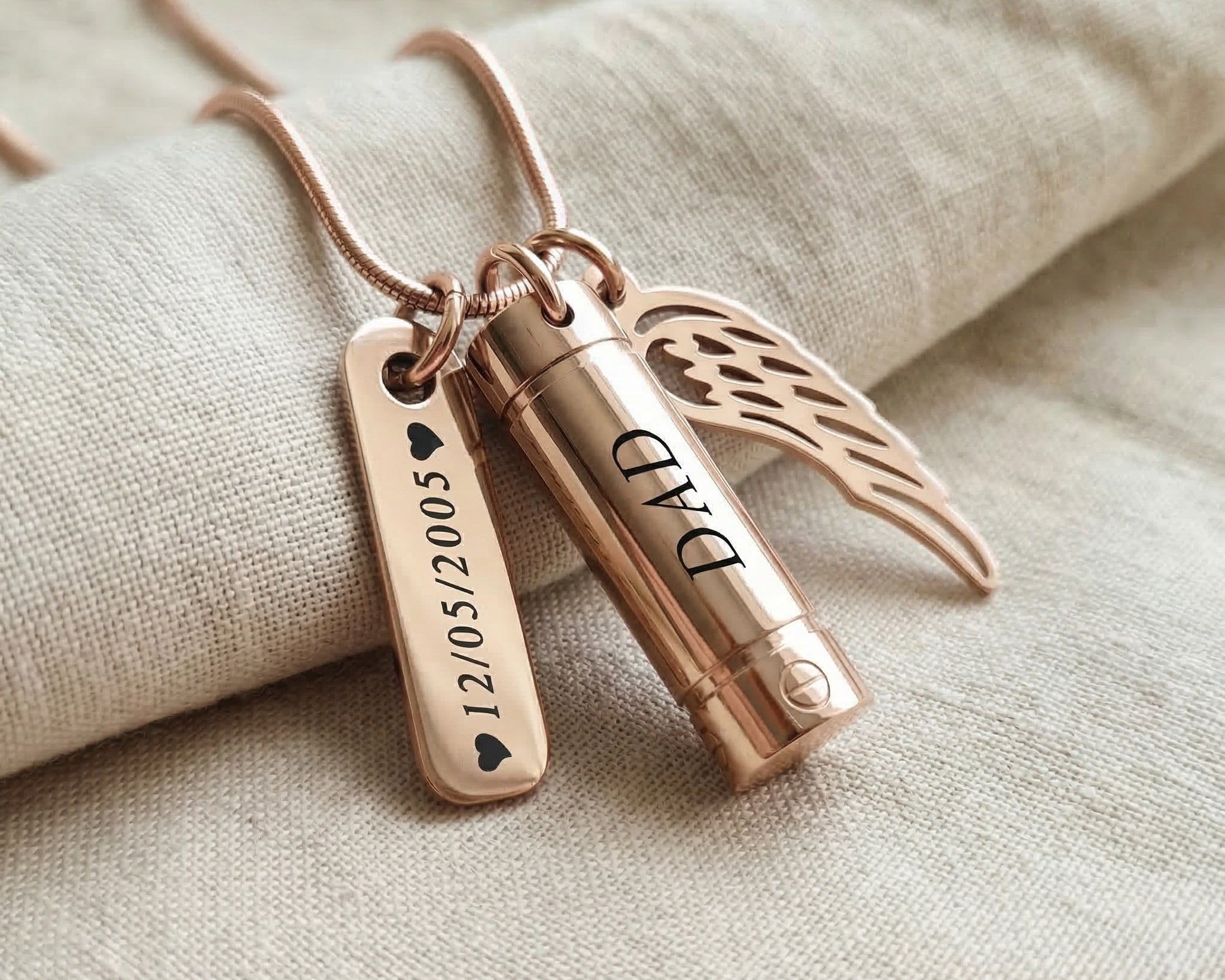 Memory Cremation Necklace in rose gold with engraved bar pendant, memorial jewellery piece