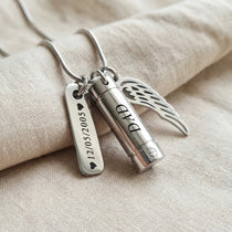 Memory Cremation Necklace in silver with engraved bar pendant, memorial jewellery hero image