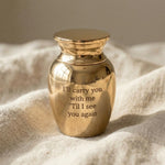 Mini Personalised Keepsake Urn in gold with engraved message, memorial keepsake urn