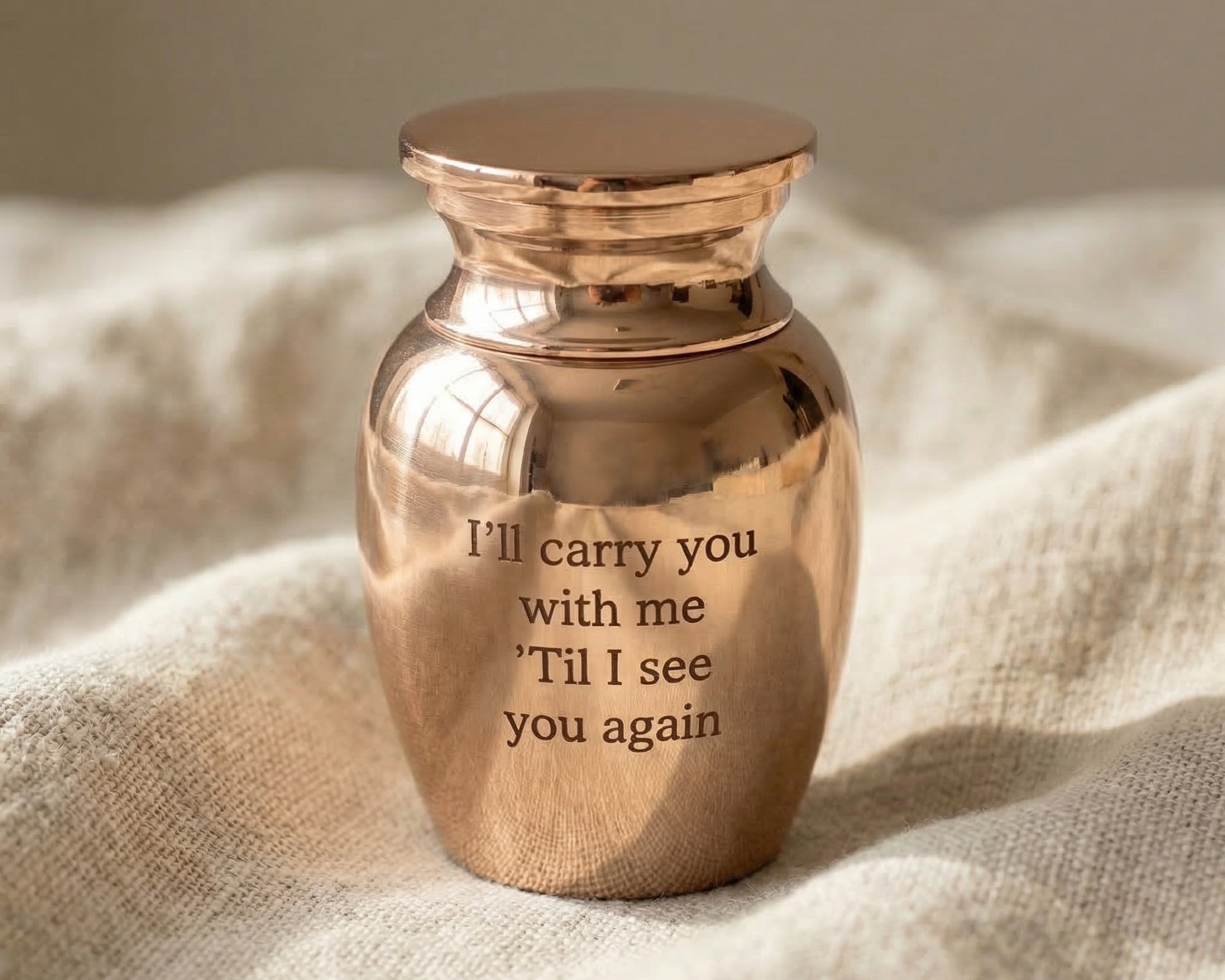 Mini Personalised Keepsake Urn in rose gold with engraved message, memorial keepsake