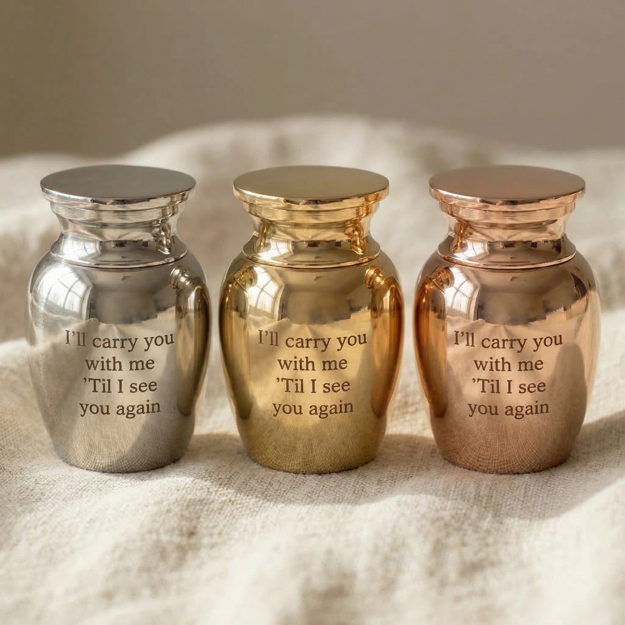 Mini Personalised Keepsake Urn tone comparison showing gold, silver and rose gold finish