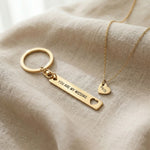 Missing piece set in gold showing matching necklace and keyring design