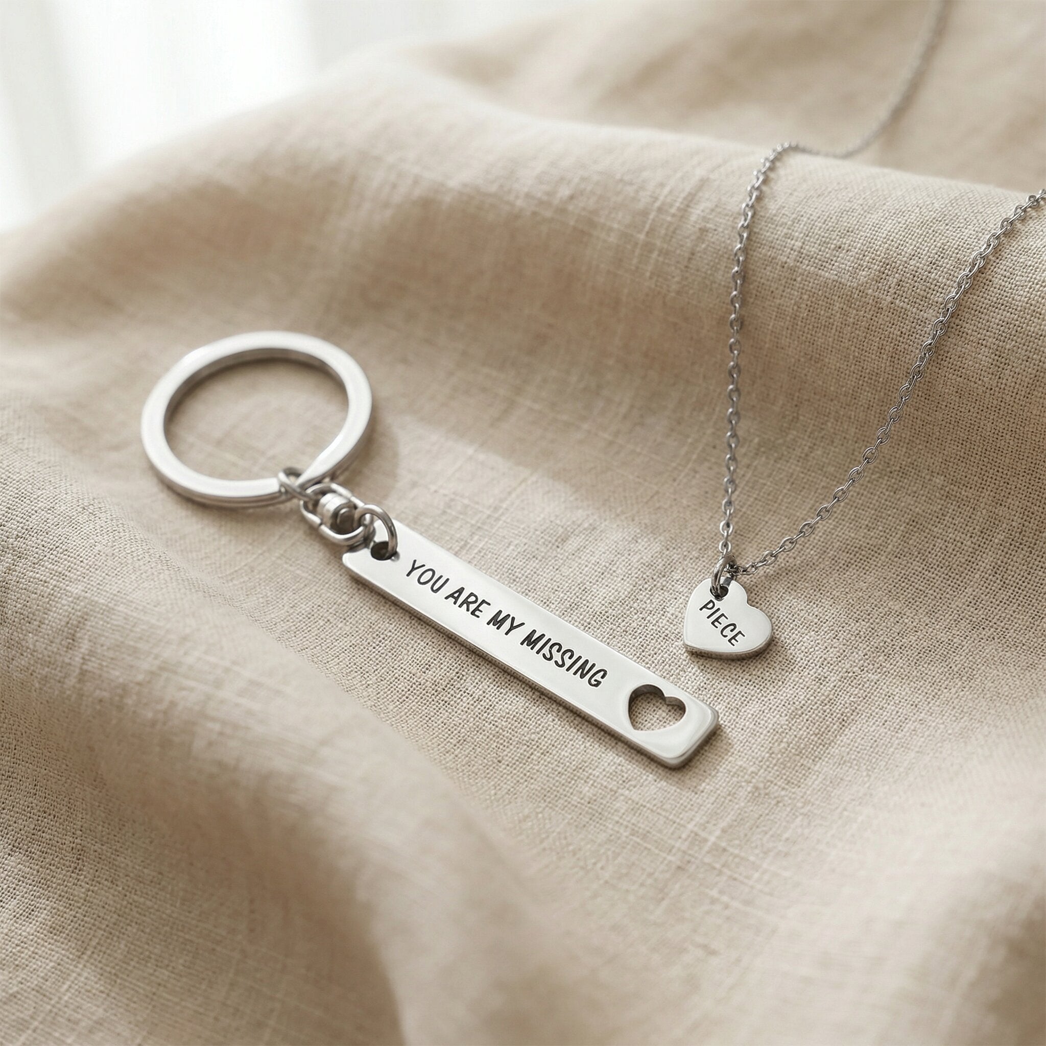 Missing piece necklace and keyring set in silver with engraved detail, matching keepsake