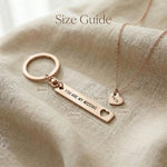 Missing piece set size guide showing dimensions of necklace pendant and keyring tag
