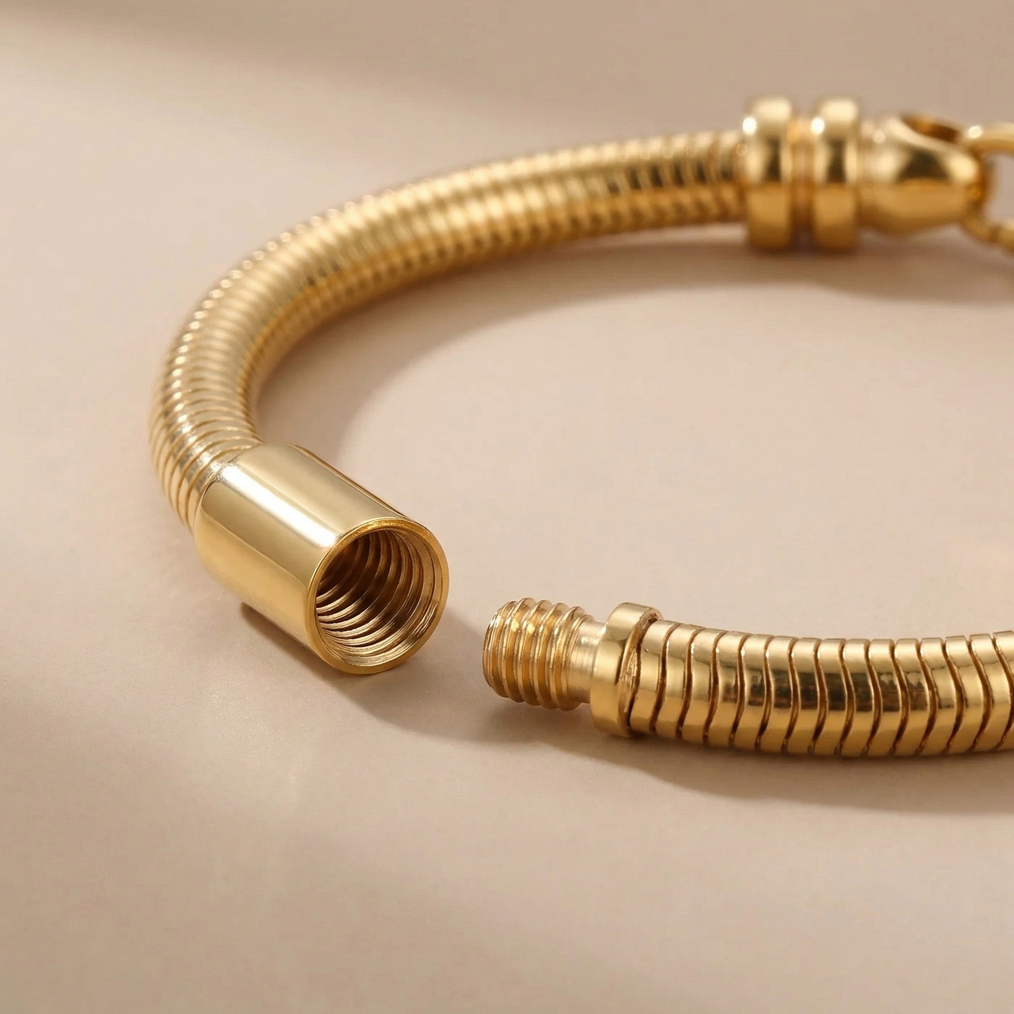 Close-up of moments charm bracelet showing threaded design and clasp detail