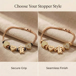 Close-up of moments charm bracelet showing threaded design and different stopper options