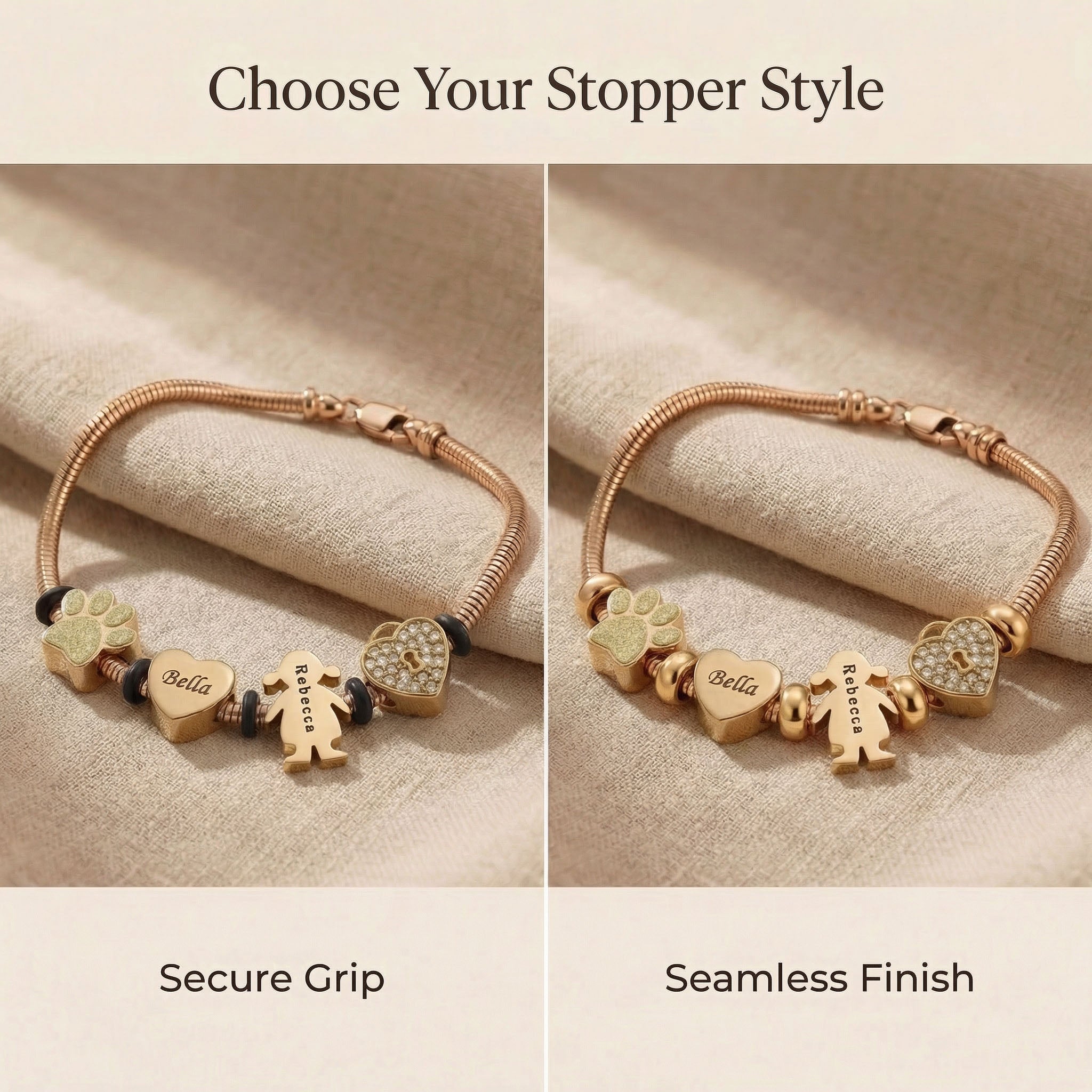 Close-up of moments charm bracelet showing threaded design and different stopper options