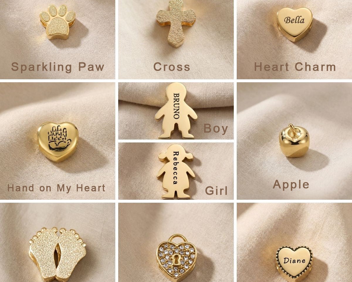Moments charm bracelet showing selection of personalised charms and decorative inserts