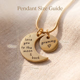 Moon and back necklace size guide showing pendant dimensions and engraved charm detail