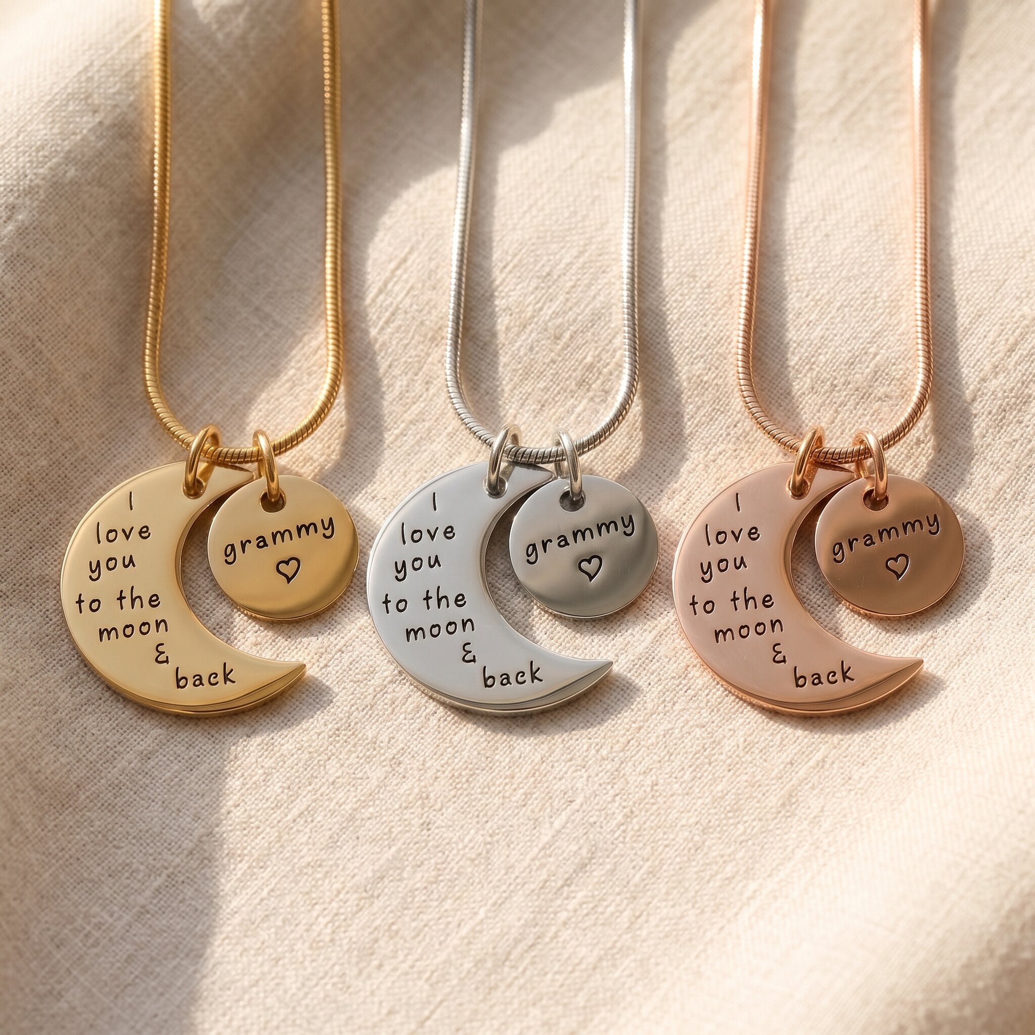 Moon and back necklace tone comparison showing gold, silver and rose gold engraved keepsake designs