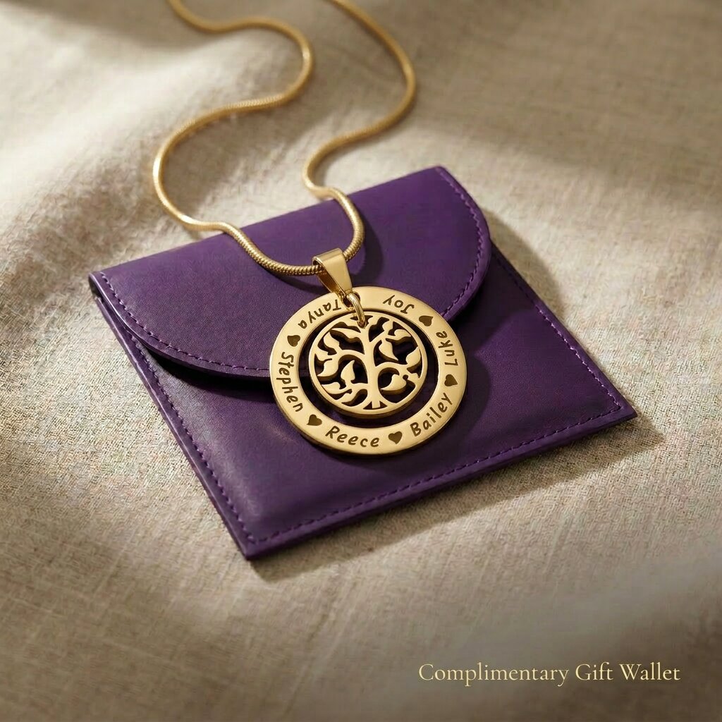 My Family Tree necklace displayed with jewelry gift wallet packaging