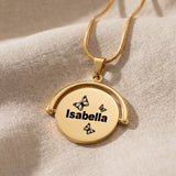 Spinning name necklace in gold with personalised engraving, hidden message keepsake jewellery
