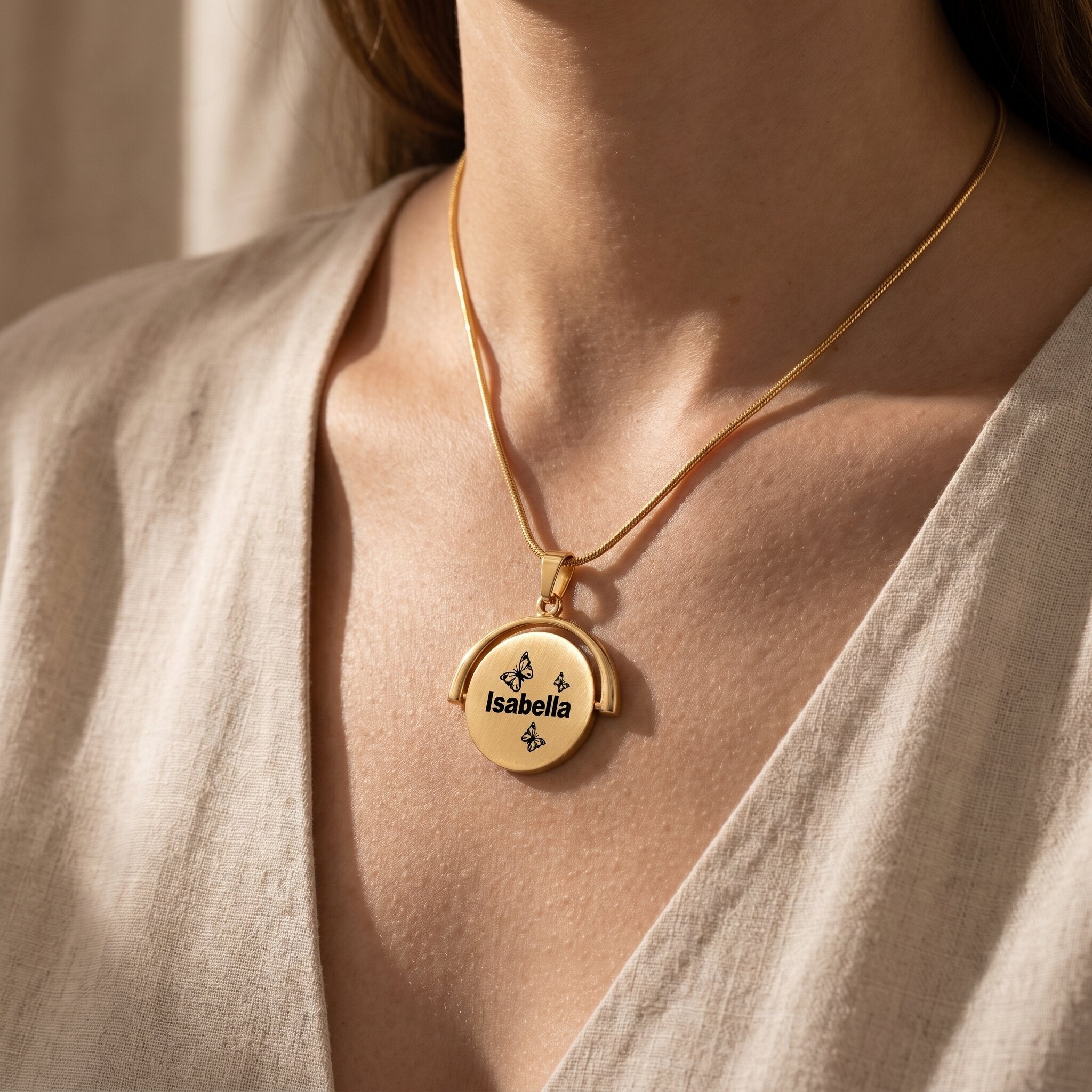 Woman wearing personalised spinning necklace, meaningful hidden message jewellery gift for her