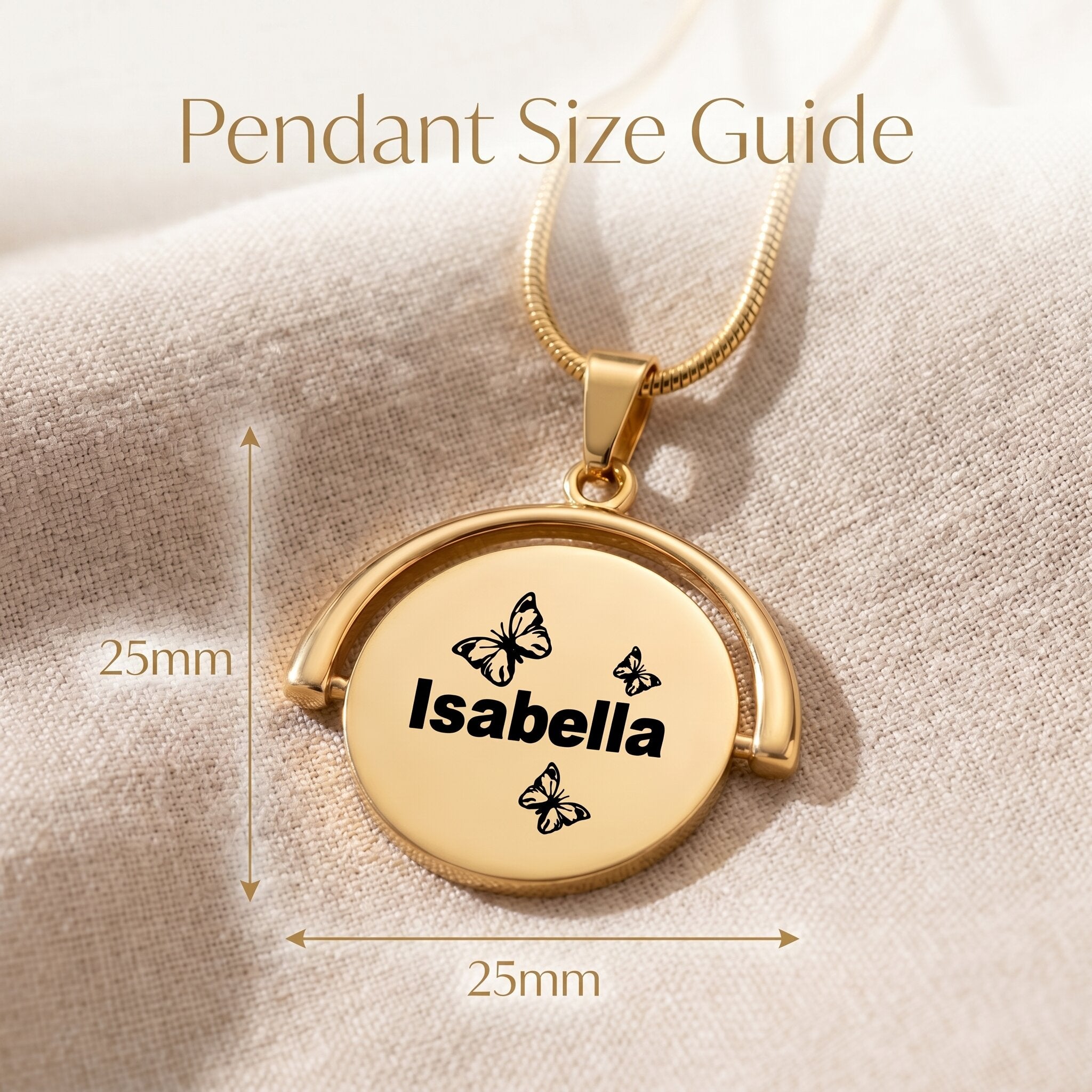Spinning necklace size guide showing pendant dimensions and personalised engraved detail