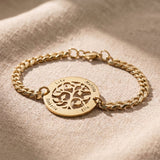 Tree of life bracelet in gold with symbolic family design, meaningful keepsake jewellery gift for mum