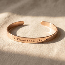 Open cuff bangle in gold with engraved message, personalised keepsake jewellery gift for her