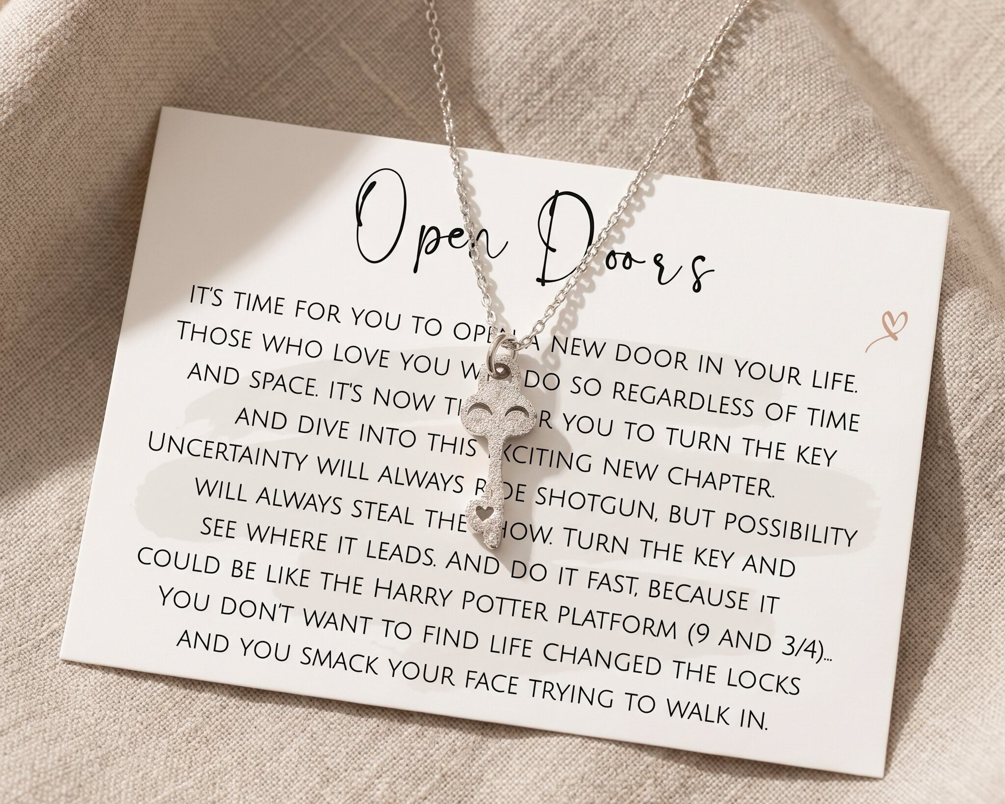 Open doors necklace with message card, symbolic jewellery for new opportunities and meaningful gift