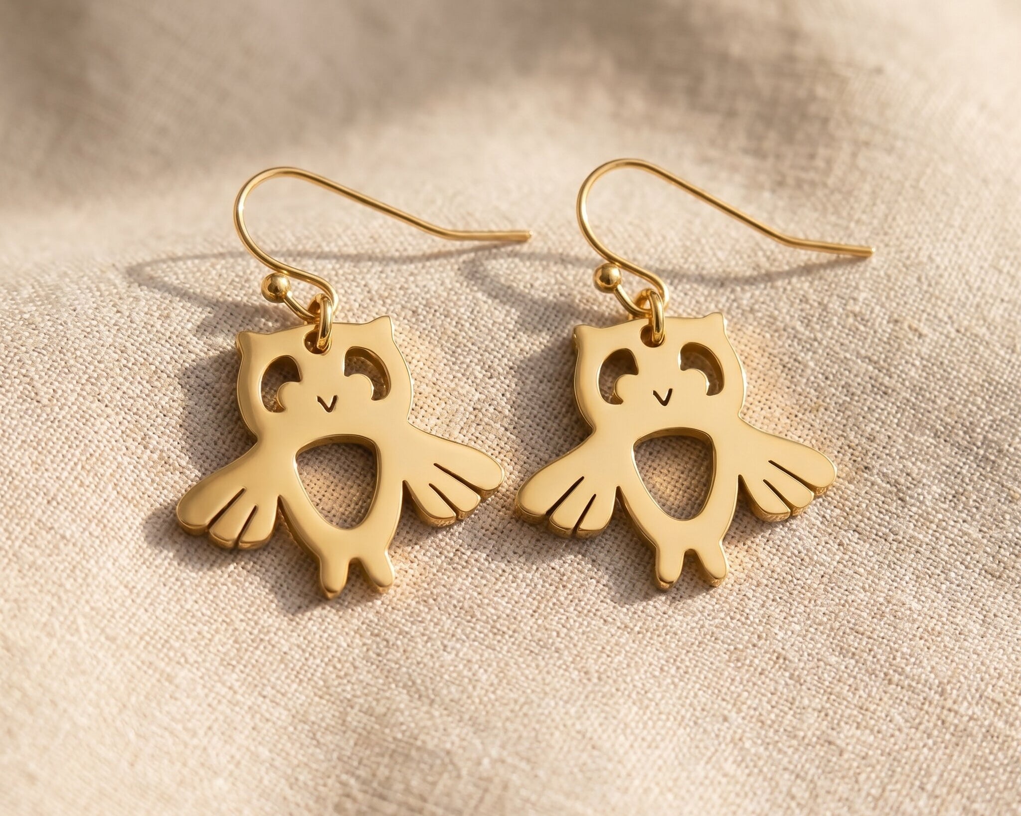 Owl earrings in gold with detailed design, symbolic jewellery for wisdom and thoughtful gift for her