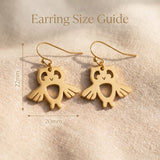 Owl earrings size guide showing drop length and detailed earring proportions