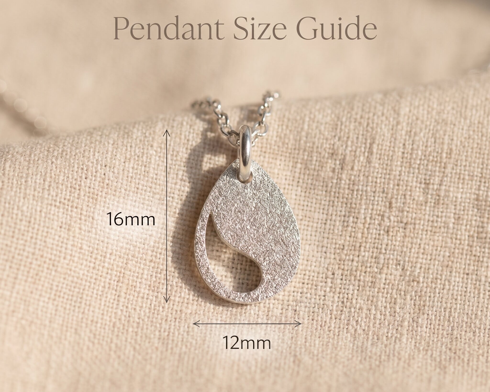 Persistence necklace size guide showing pendant dimensions and delicate symbolic design