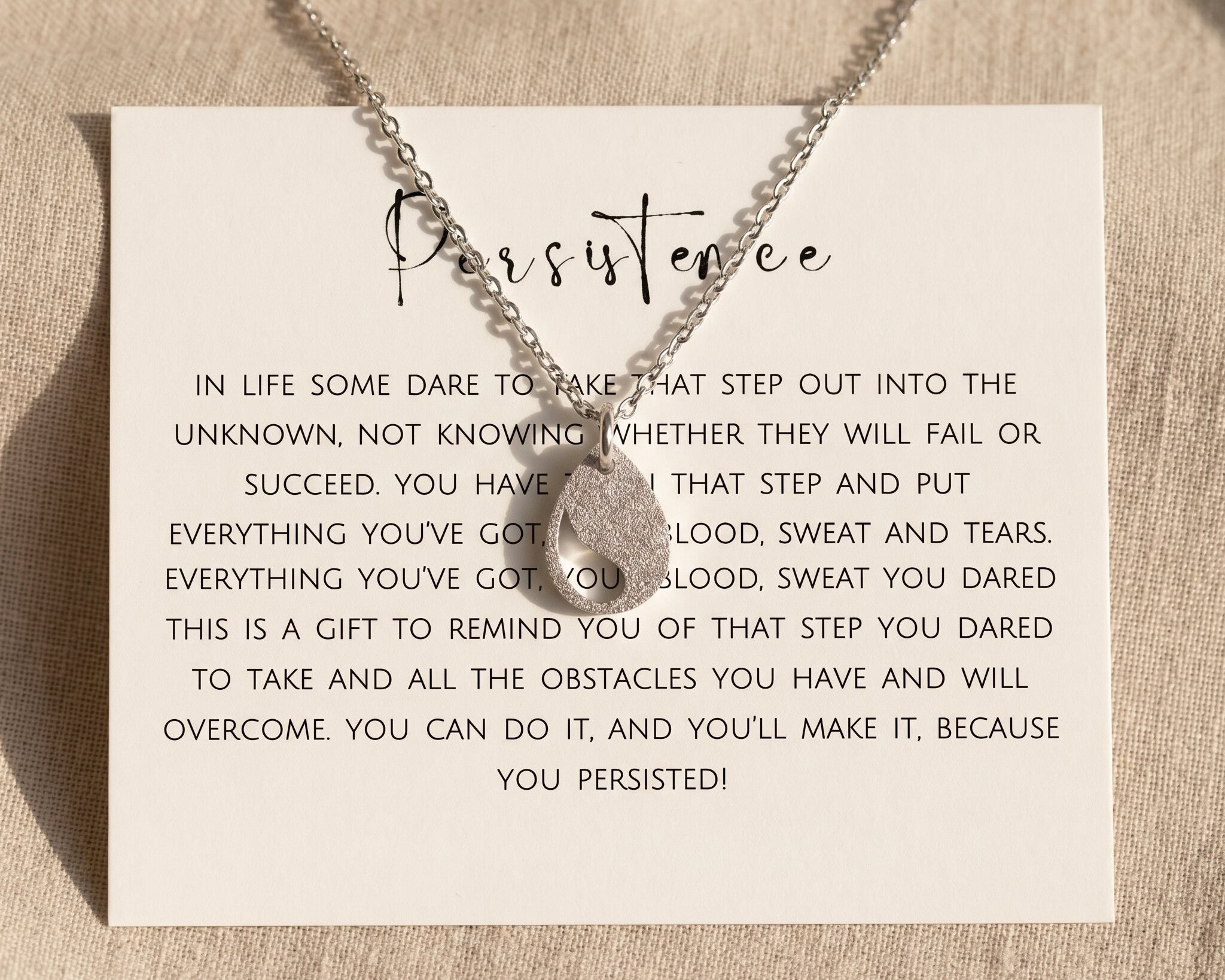 Persistence necklace with message card, meaningful jewellery symbolising strength, resilience and personal growth