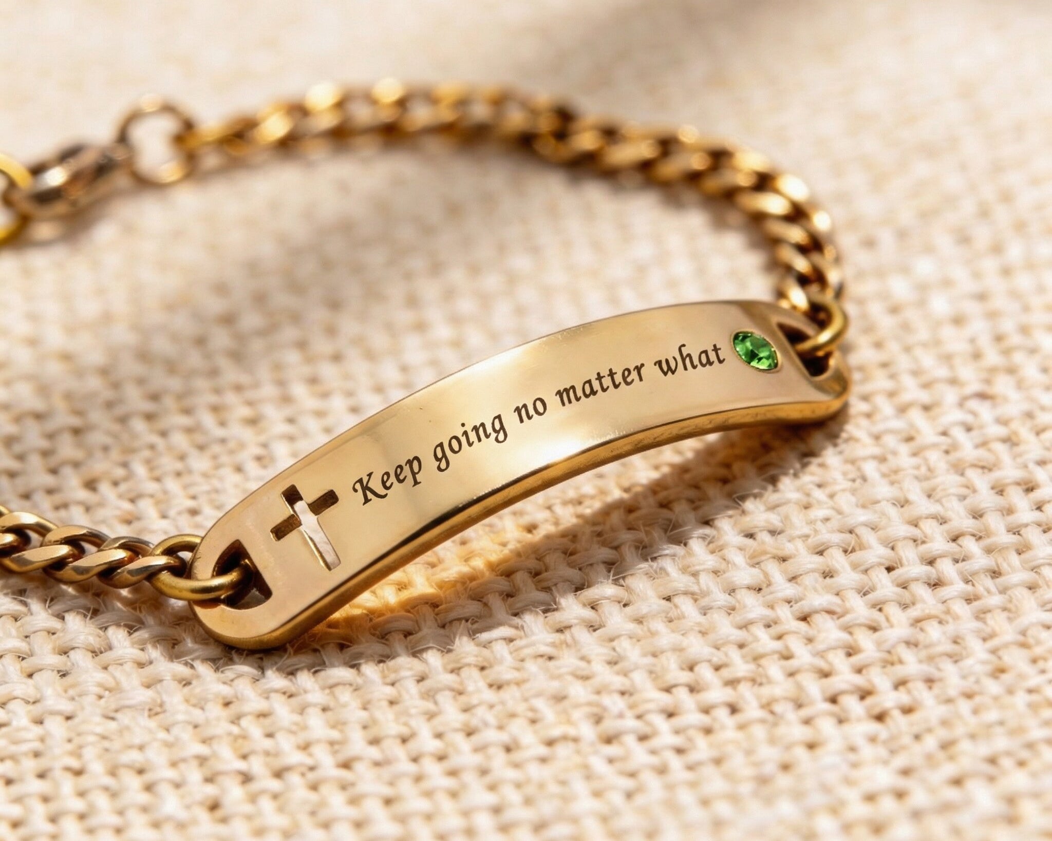 Personalised bracelet with cross and birthstone accent and custom engraved text, meaningful faith jewellery design