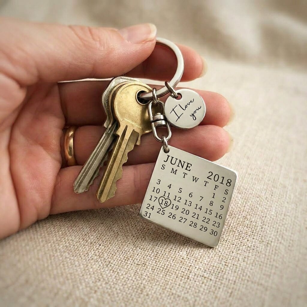 Person holding personalised calendar keyring with engraved date calendar tag