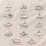 Personalized transport-themed charm collection for keyrings featuring vehicle and adventure-inspired keepsakes