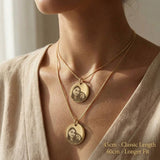 Woman wearing Personalised Disc Pendant showing chain length options for photo necklace styling