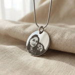 Personalised Disc Pendant in silver with custom photo engraving, minimalist photo jewelry