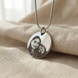 Personalised Disc Pendant in silver with custom photo engraving, minimalist photo jewelry