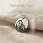 Personalised Disc Pendant size guide showing photo pendant dimensions and chain length details