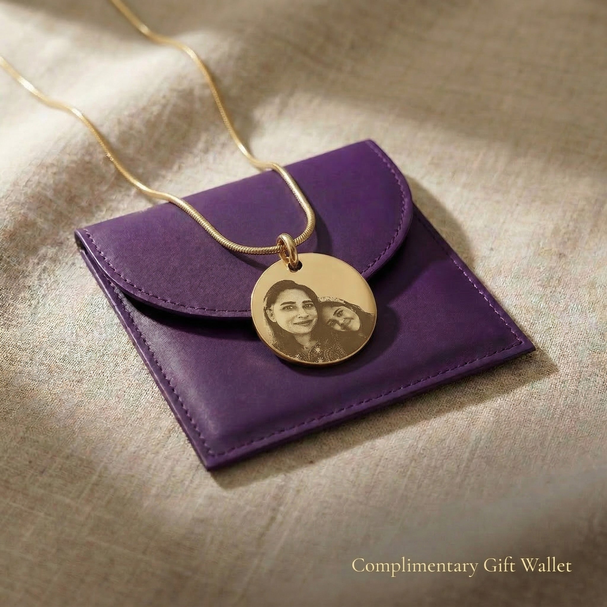 Personalised Disc Pendant necklace displayed with gift wallet packaging, custom engraved photo jewelry gift