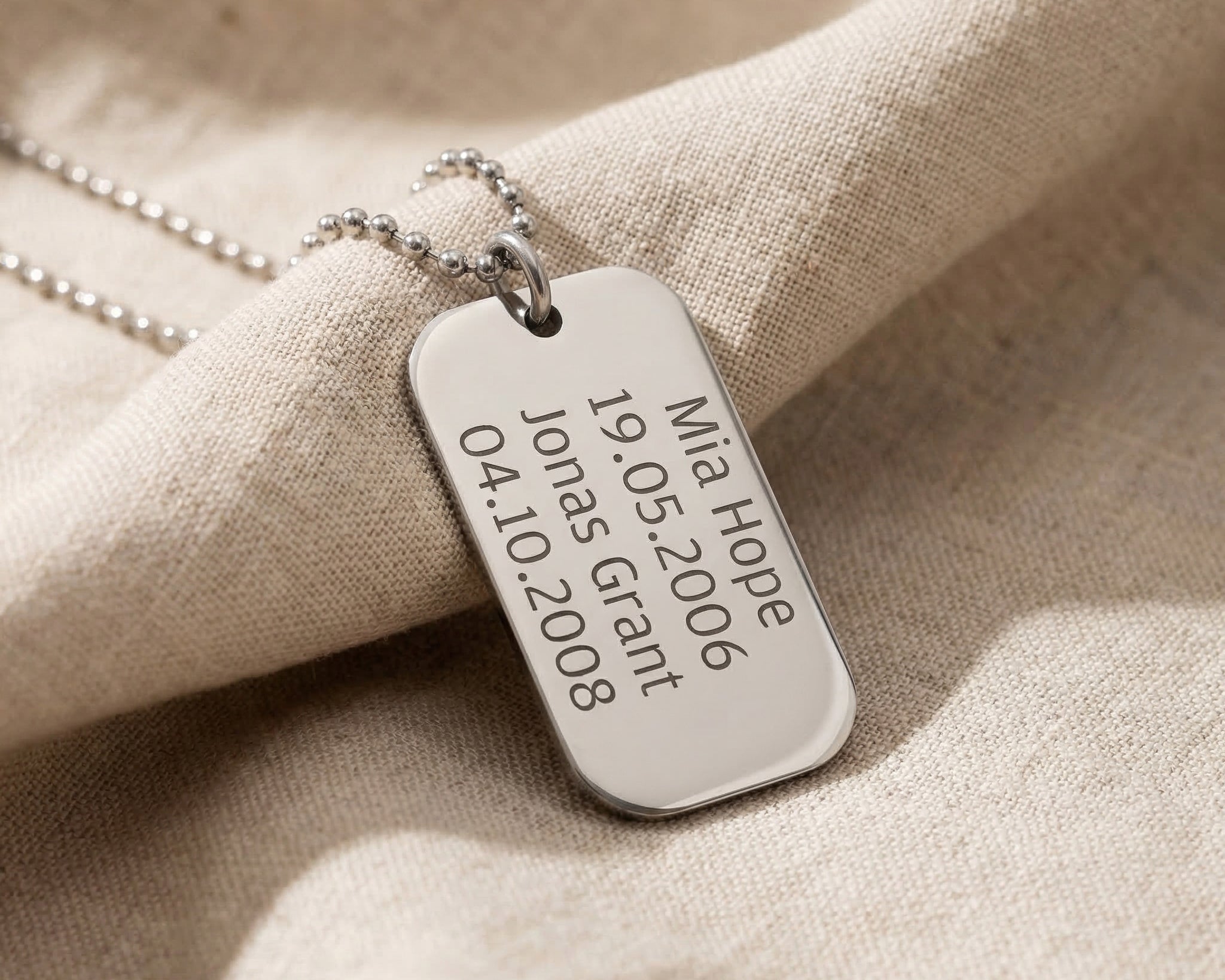 Personalised dog tag necklace in silver with engraved message, minimalist custom jewelry