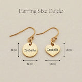 Size guide showing dimensions of personalised disc and heart shape earrings 