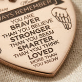 Close-up of personalised heart necklace with engraved message and detailed text design