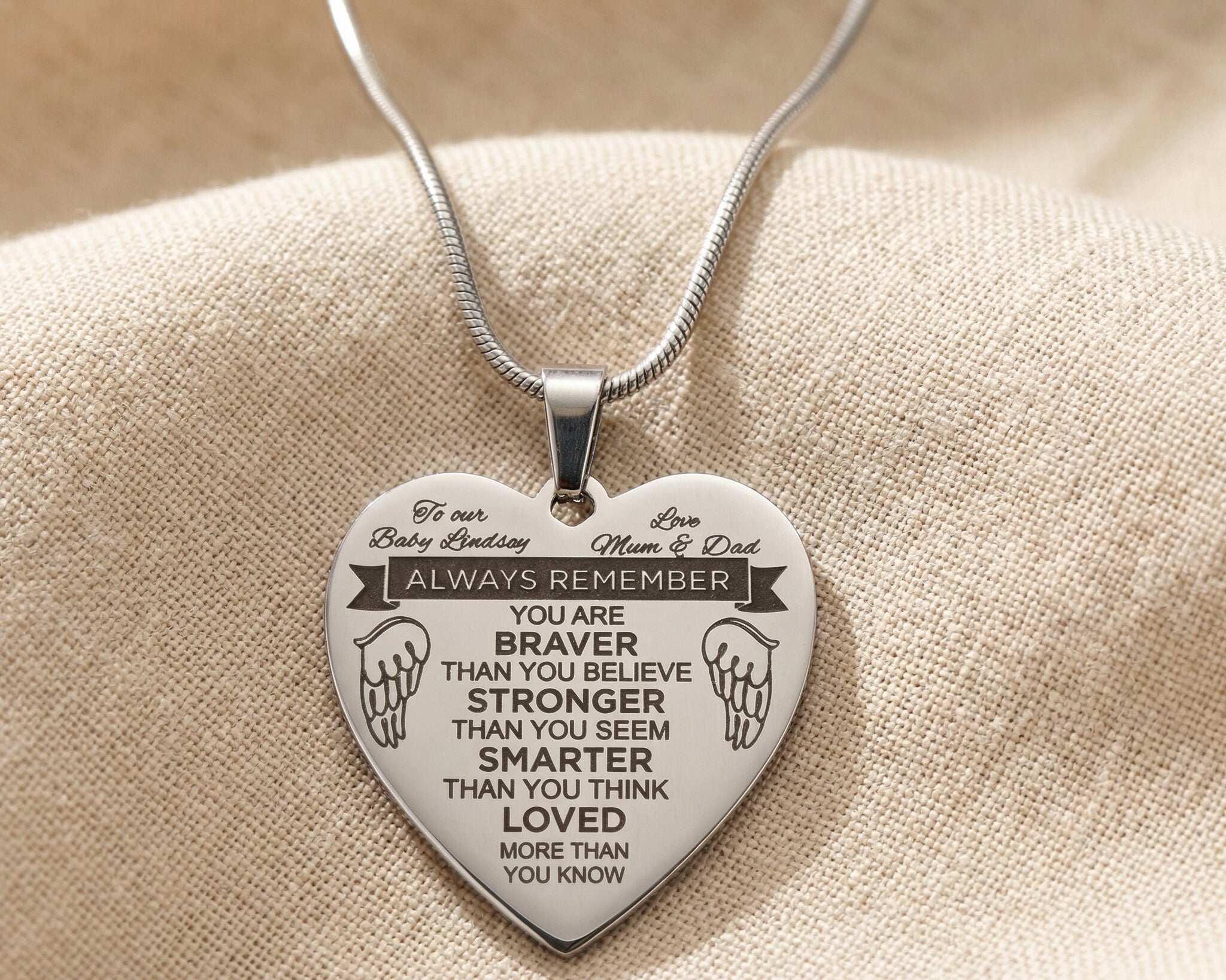 Personalised heart necklace in silver with engraved message, classic minimalist style