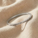 Personalised inspirational bangle in silver with engraved quote, classic minimalist jewellery