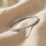 Personalised inspirational bangle in silver with engraved quote, classic minimalist jewellery