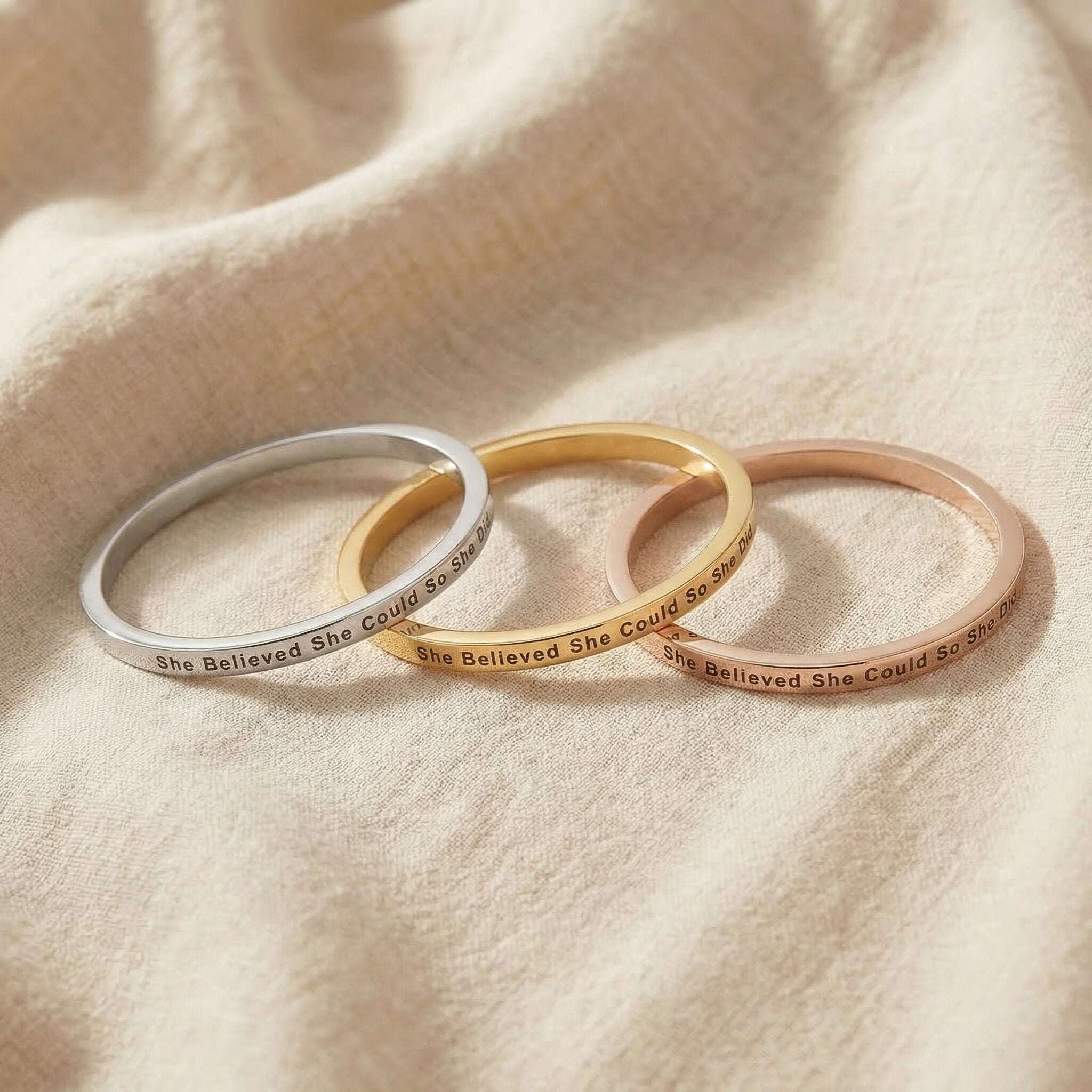 Personalised inspirational bangle tone comparison showing gold, silver and rose gold finishes