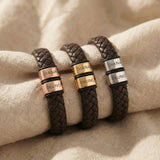 Personalised leather bracelet tone comparison showing gold, silver and rose gold engraved plates
