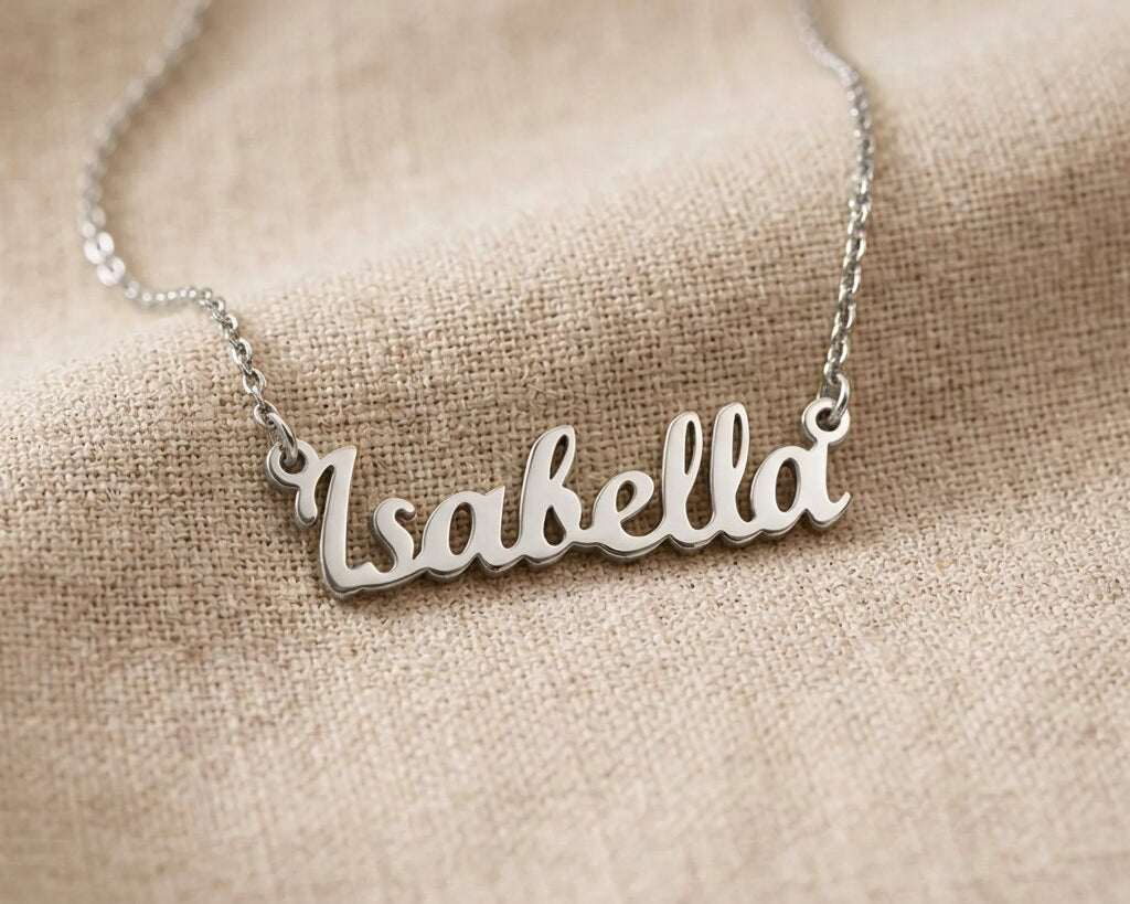Silver personalised name necklace with script name pendant design