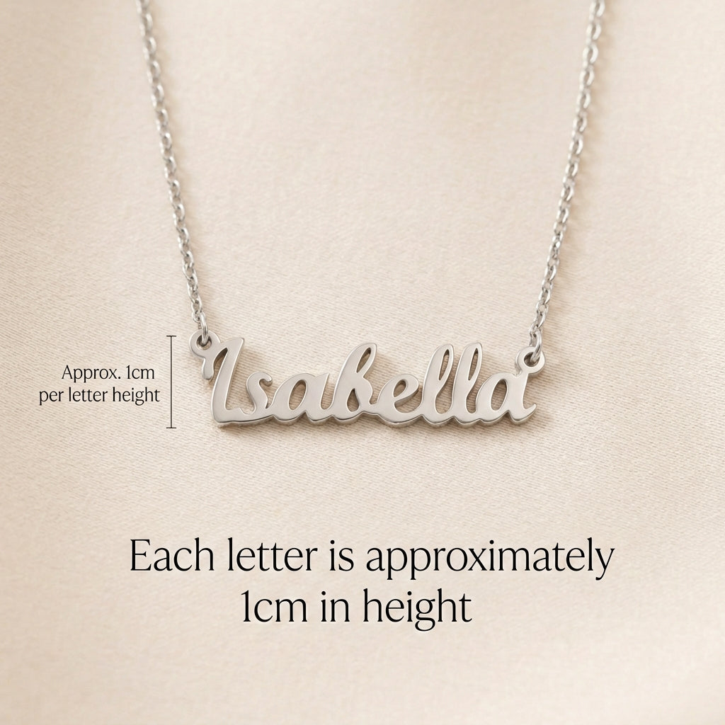 Pendant size guide for personalised name necklace showing script name pendant dimensions