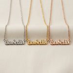 Personalised name necklace in gold, silver and rose gold finishes with script name pendant