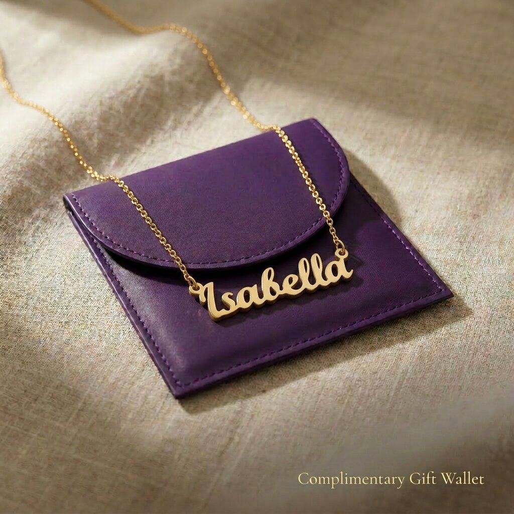 Personalised name necklace displayed with elegant jewelry gift wallet packaging