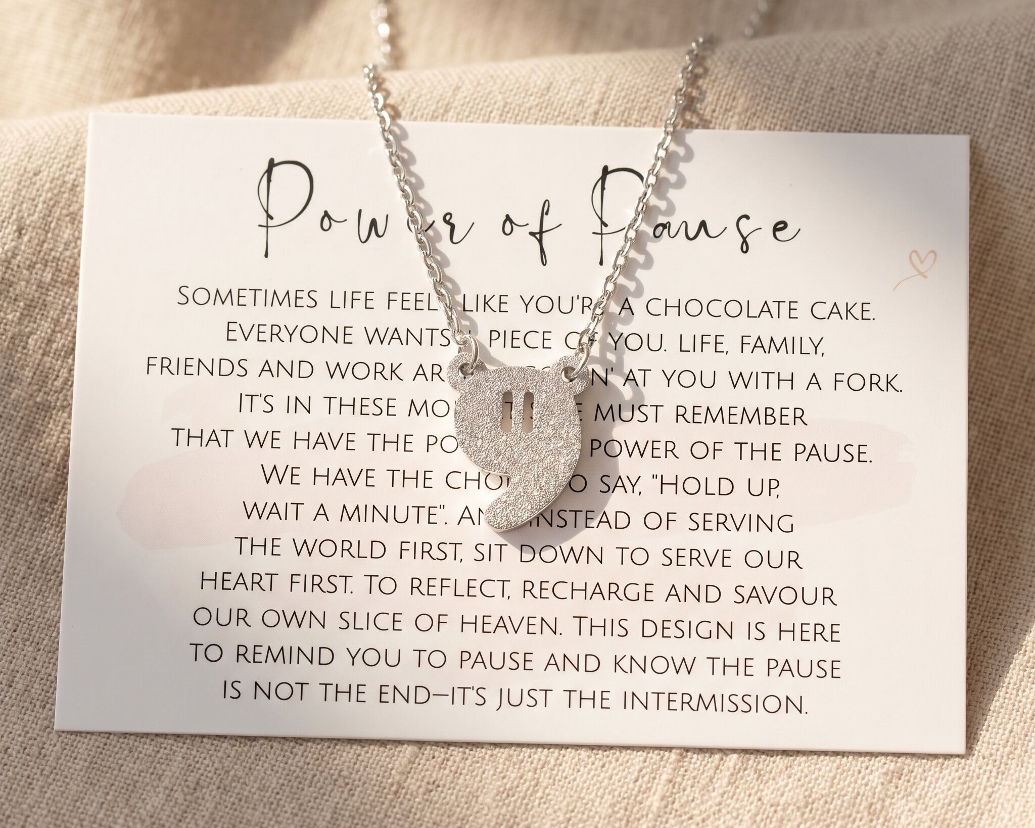 Power of pause necklace with message card, meaningful jewellery for self care, reflection and inner peace