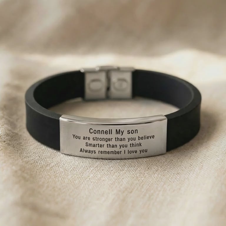 Product video showing Always Remember personalised ID bracelet with engraved plate and silicone band