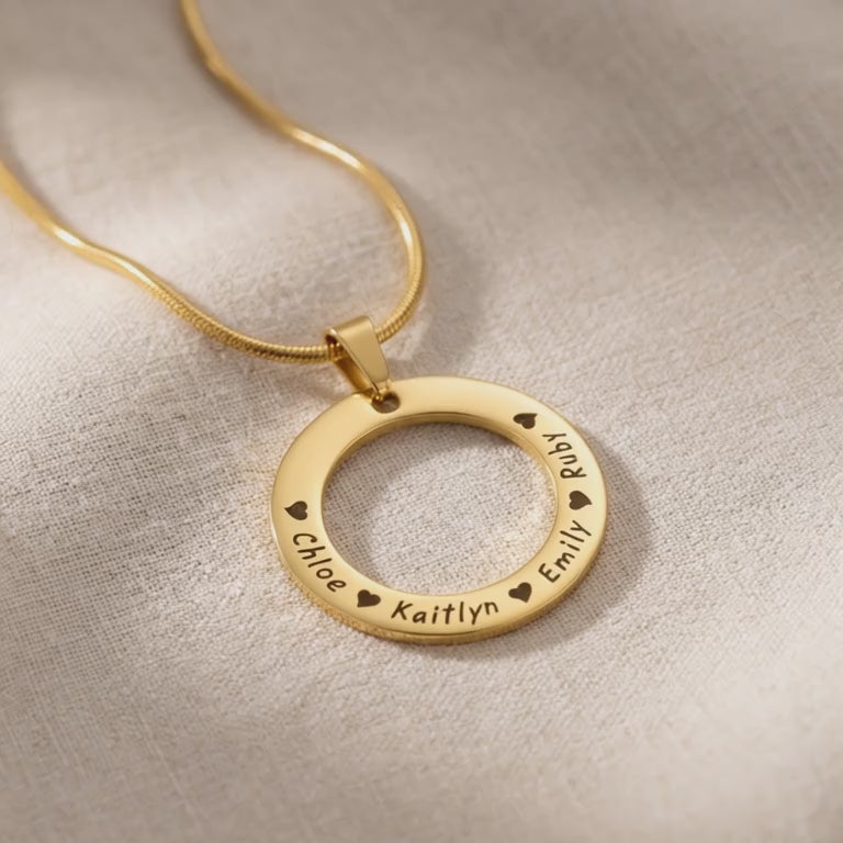 Circle of Trust Necklace gold personalized circle pendant with engraved names shown in product view